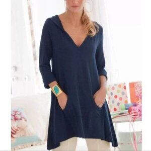 Soft Surroundings‎ Blue Go To Tunic Jersey Knit Hood Kangaroo Pocket Large m2